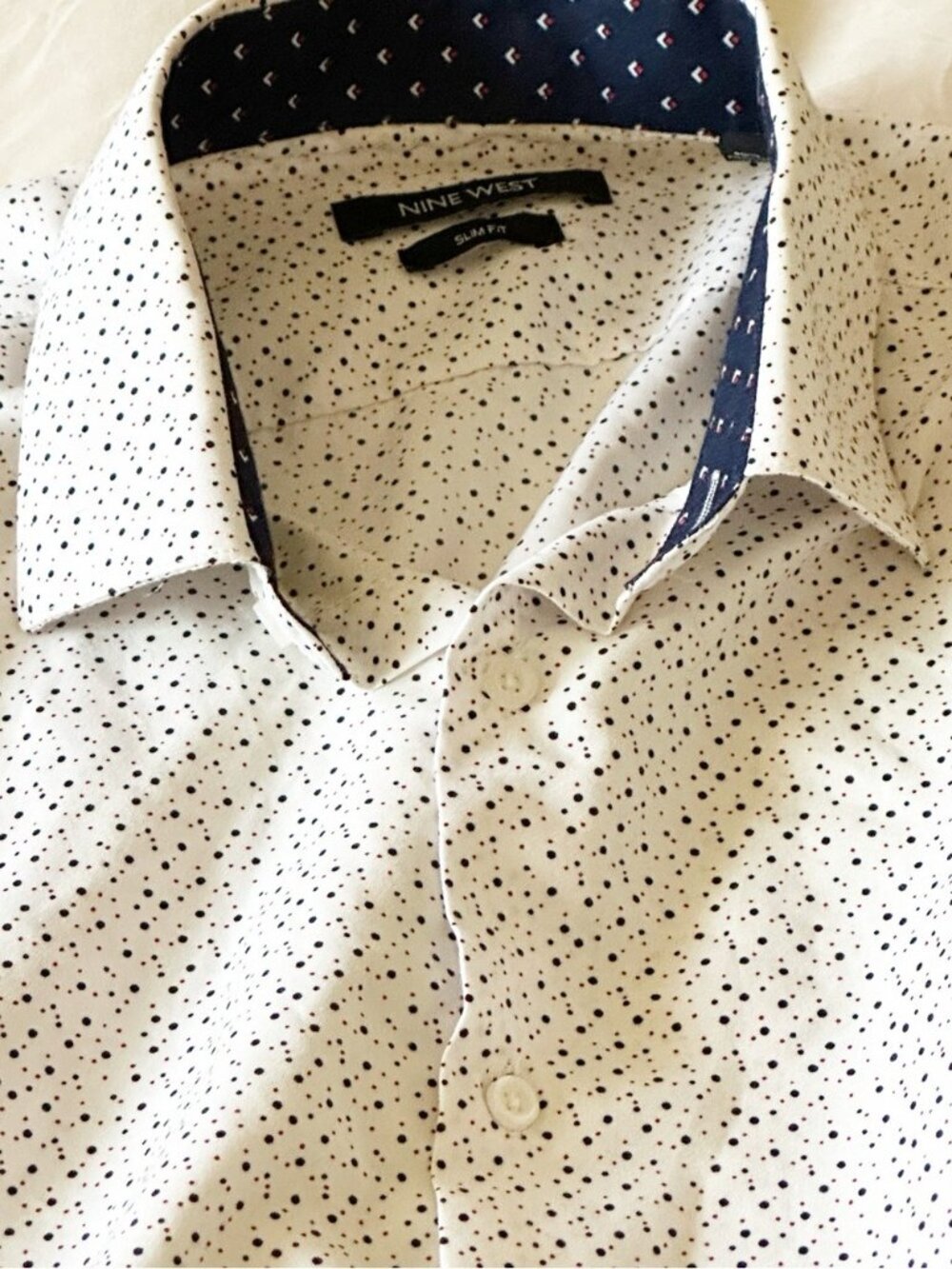 Nine West White Dress Shirt with Navy Micro Dots Medium